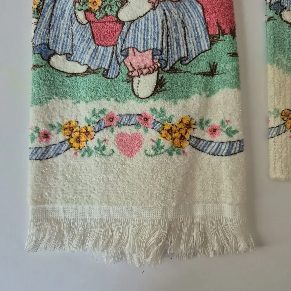 Vintage Cotton 2 PC Bunny Flowers Embroidered Kitchen Towel and Dish Cloth Set